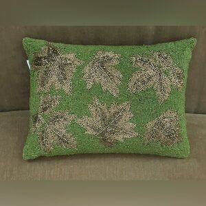 Autumn Hill Beaded Accent Pillow Green Gold Bronze Maple Leaves Fall Decor 16x12